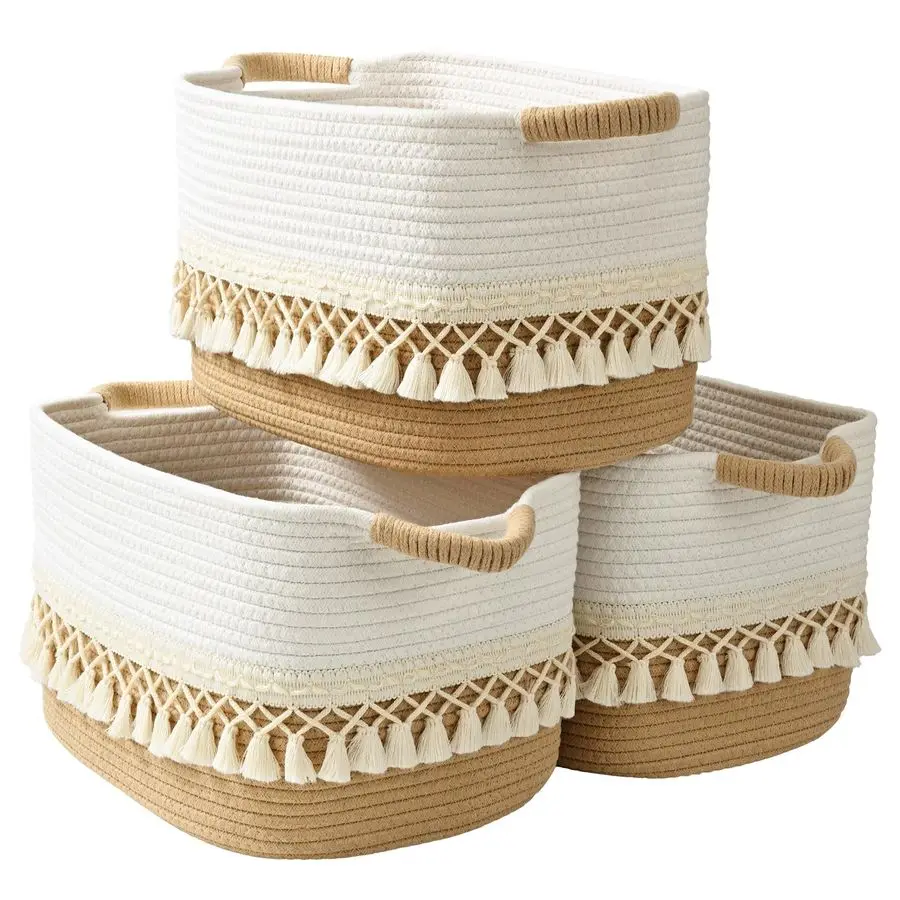 

Pack Storage Basket for Shelves, Boho Cotton Rope Storage Bins with Heavy Tassel, Shelf Baskets Large Woven Baskets for Organiz