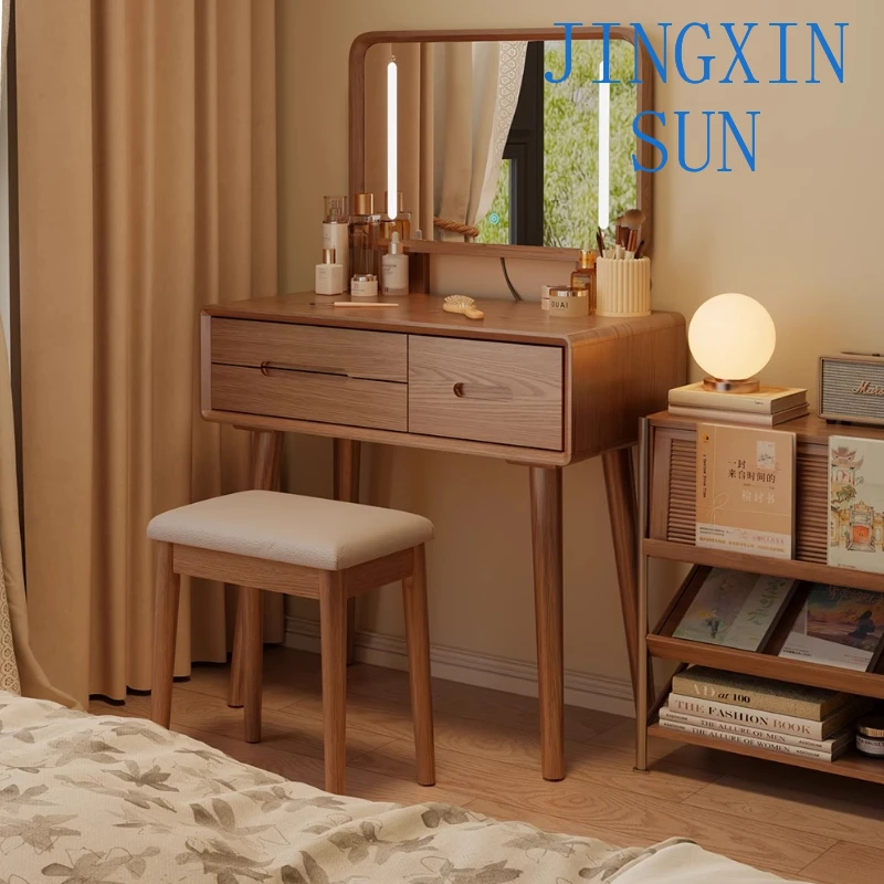 Solid Wood Dresser Storage Cabinet Makeup Table Vanity Makeup Dressing Toiletries Dressers Bedroom Furniture Vanities LED Lamp