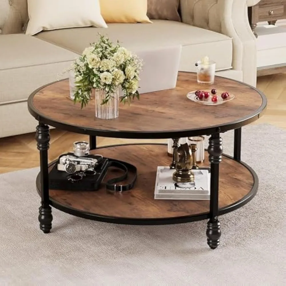 

Round Coffee Table for Living Room Rustic Center Table with Storage Shelf Wood Circle Coffee Table with Sturdy Metal Legs, Easy