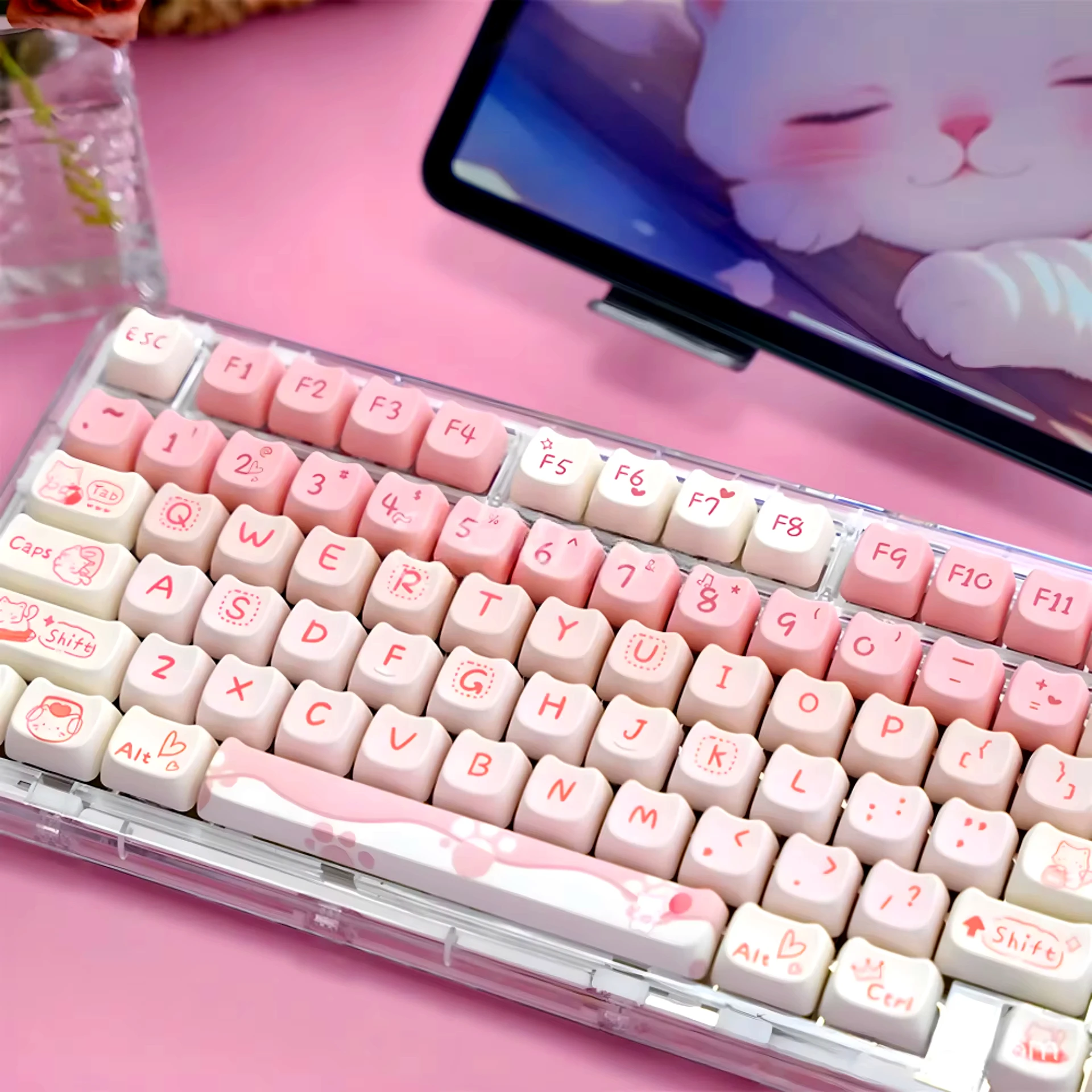 Cute Pink MAO Keycap Set PBT 134 Keys Kitten Keycaps for MX Switch HI75 HI8 68 F99 104 64 Mechanical Keyboards