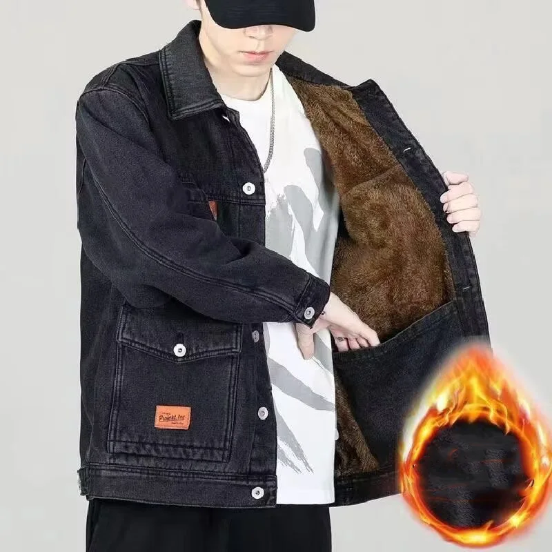 

Autumn Winter Men Plush Jacket Turn Down Collar Pocket Male Denim Coat Thicken Fleece Single-breasted Long Sleeve Man Outerwear