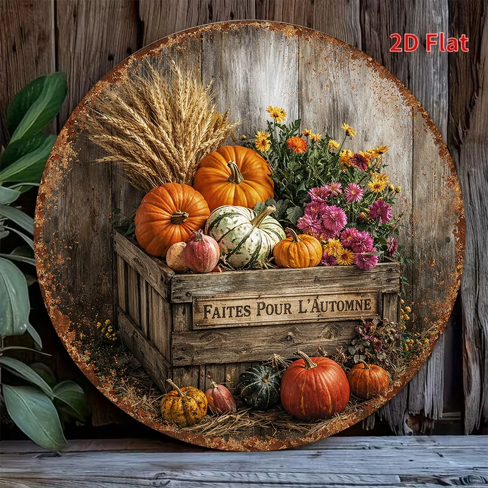 2D Flat 1pc 2D Flat Round Wooden Sign, Retro Wooden Plaque about Autumn Harvest Pumpkin, Autumn Decoration Sign, Suitable for Li