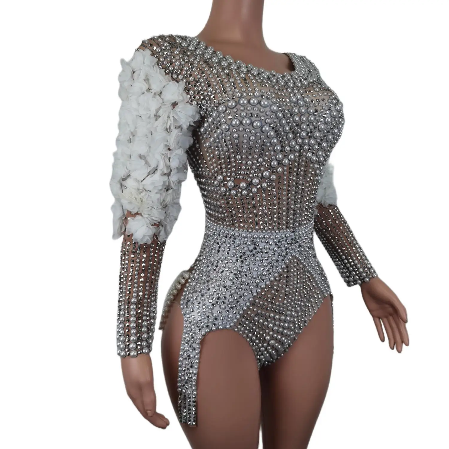 Sexy Women Beading Leotard Stage Performance Jumpsuit for Lady White Flower Pearl Bodysuit Dancer Birthday Evening Party Costume