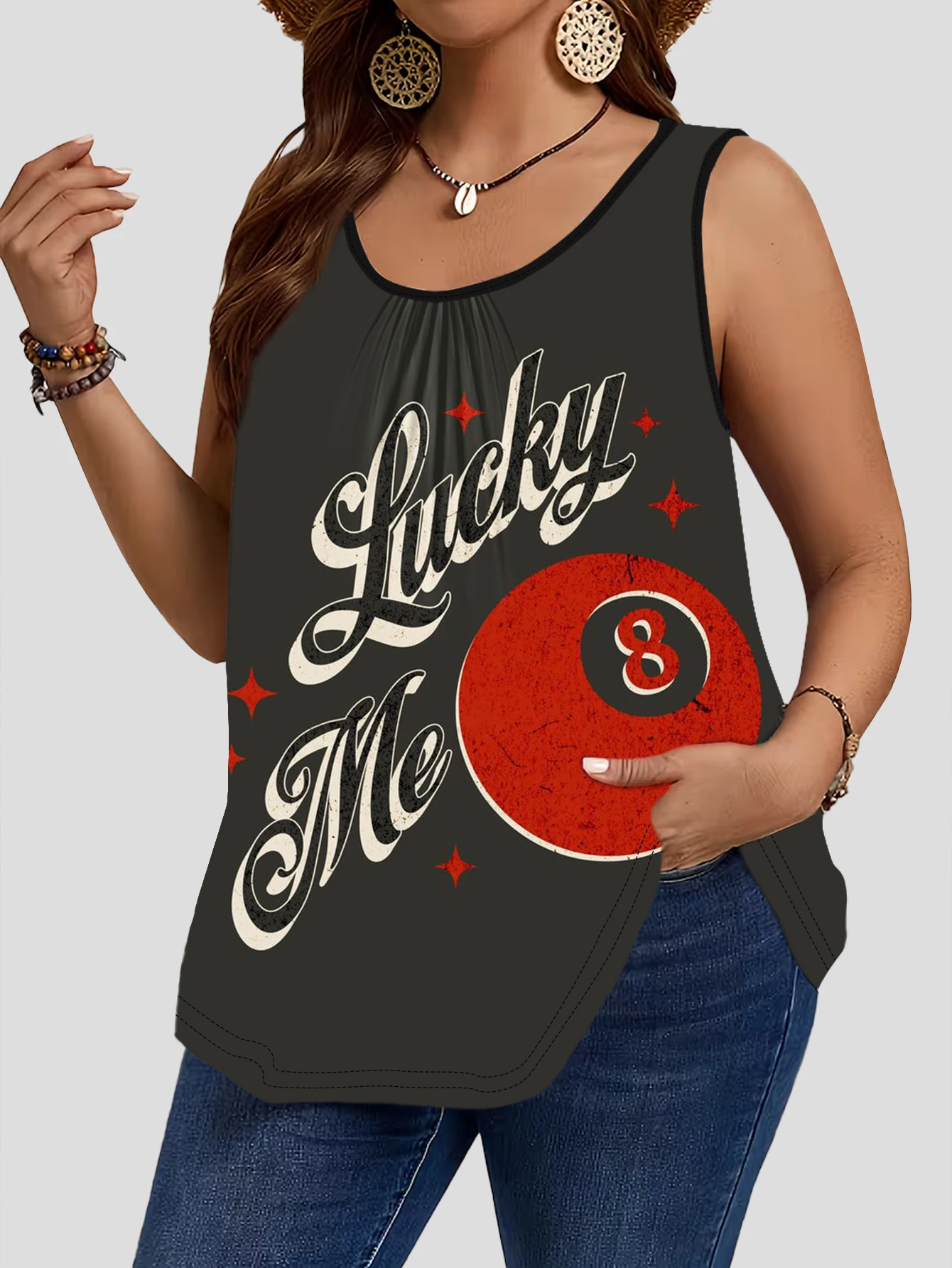 3-Piece Set of Plus-Size Women's Vintage Lucky Number 8 Billiard Letter Print Tank Tops, Round Neck Loose Sleeveless Tops 4