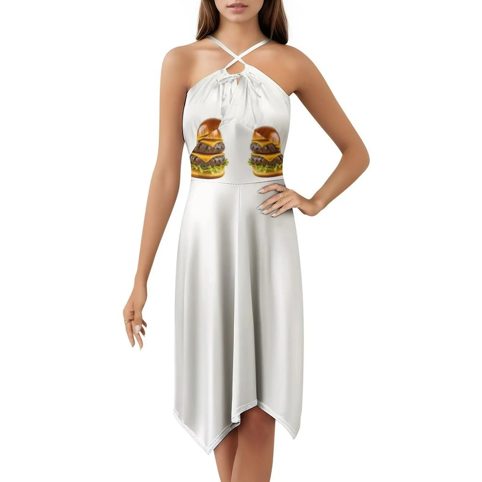 Double Layer Beef And Cheese Burger Bohemian Sleeveless Dress Multi-Print Beach Vacation Party Dress Beef Cheese Burger Food