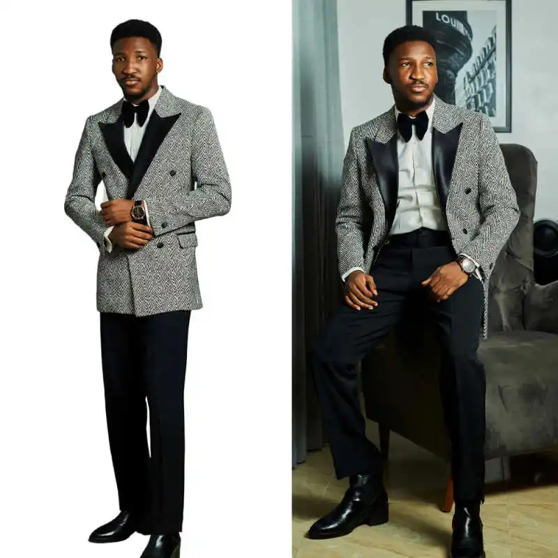 

Fashion Men's Herringbone Double Breasted Peaked Jacket Blazer Slim Fit Wedding Tuxedos Formal Business Occasion Custom Made