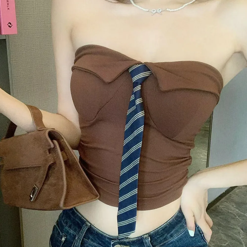 

Casual Tie Detail Scoop Neck Top Built-in Padding Plain Color Tube Top Sweet Style Sleeveless Top Daily Use