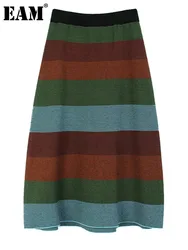 [EAM] High Elastic Waist Green Striped Color-block Knitting Half-body Skirt Women Fashion Tide New Spring Autumn 2024 1DH6799