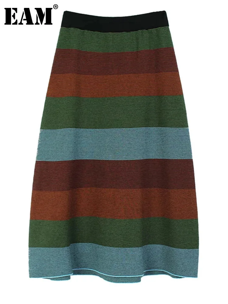 [EAM] High Elastic Waist Green Striped Color-block Knitting Half-body Skirt Women Fashion Tide New Spring Autumn 2025 1DH6799