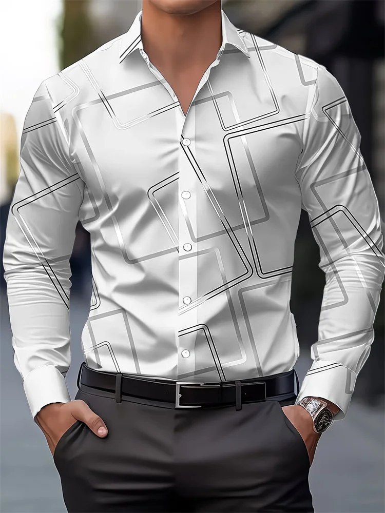 

Men's geometric print long-sleeved shirt, Korean style, trendy, wrinkle-free, business casual, available in multiple colors.