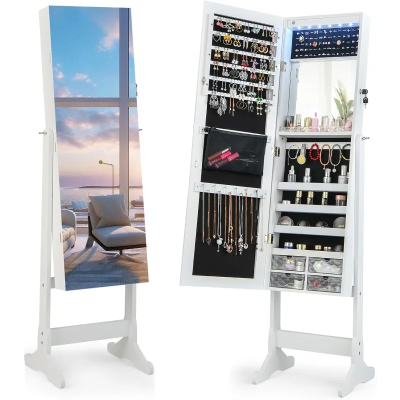 

Jewelry Armoire Cabinet with Full Length Mirror, 6 LEDs Standing Lockable Jewelry Organizer with Vanity Makeup Mirror,