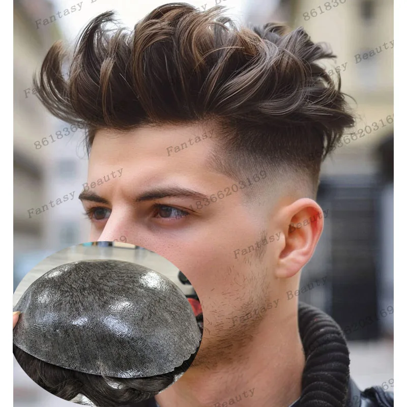 

Супер прочный 30 мм волнистый мужской парик из 100% человеческих волос, удобный мужской черный, коричневый, серый парик из волос, система протеза, капиллярный