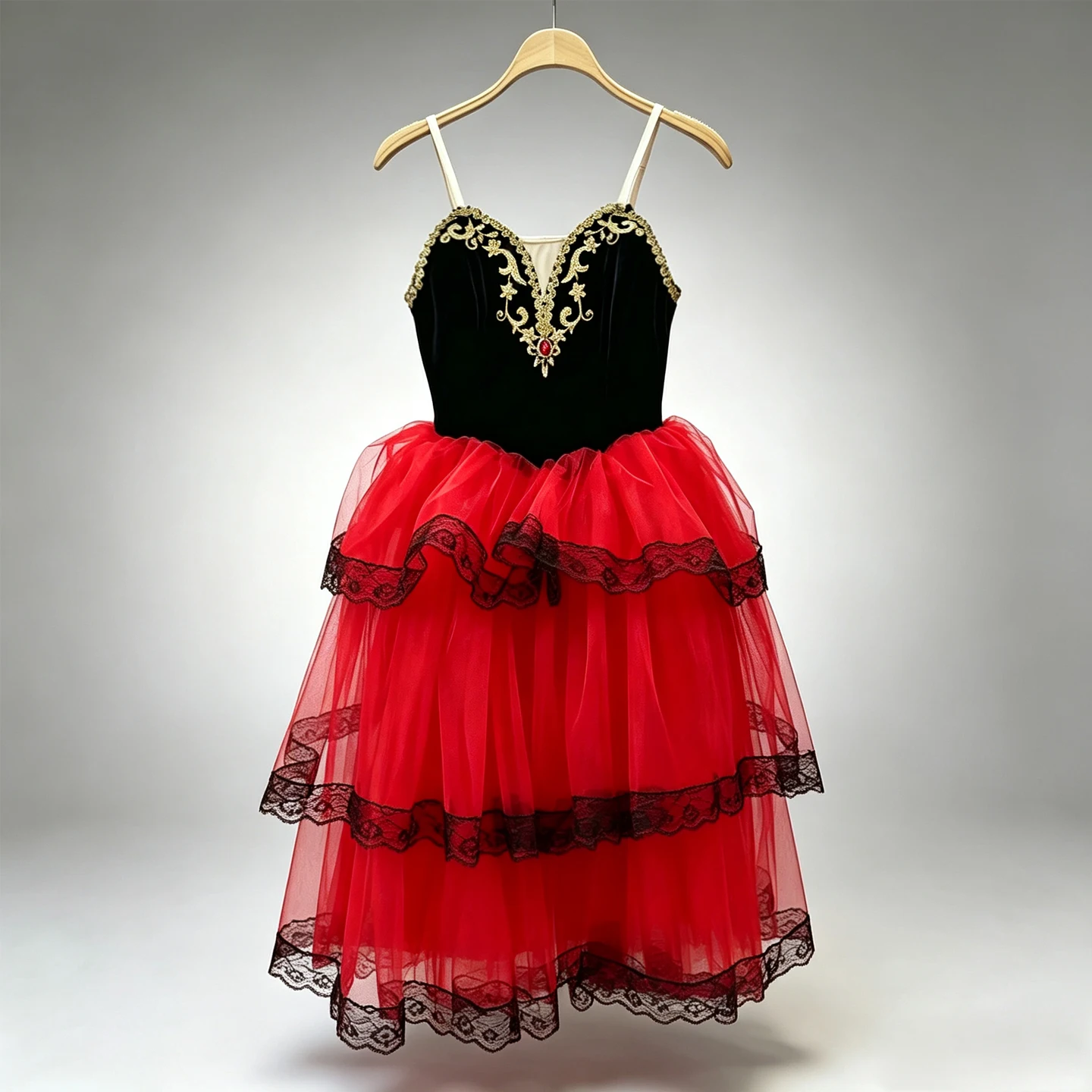 Professional Spainish Red Long Skirt Black Red Adult Children's Ballet Performance Dress