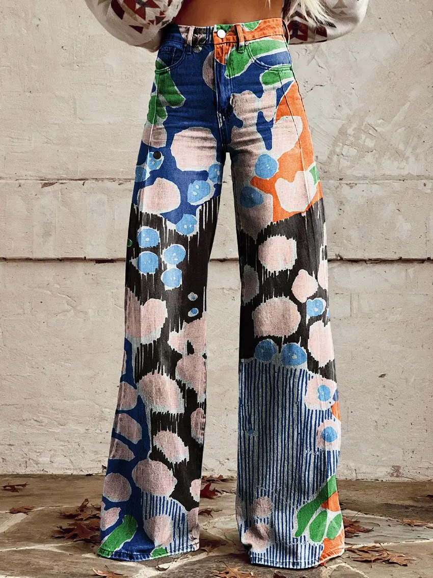 Women's fashion retro cloud denim wide-leg pants casual fashion comfortable long women's pants tie-dye casual wide-leg pants