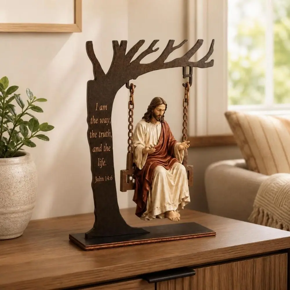 Vintage Wooden Jesus Swing Ornament Catholic Verse Engraved Bible Reading Figurine Cradle Swing Religious Figure Swing Craft