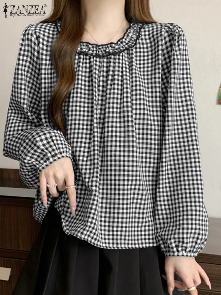 Bohemian Plaid Checked Tops Harajuku Casual Ruffles Hem Shirt Vintage Loose Blusas Mujer 2025 ZANZEA Women's Long Sleeve Blouse