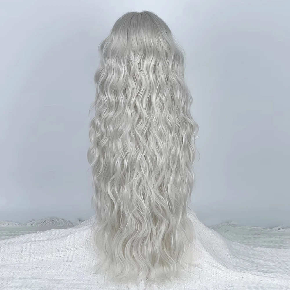 Long Wavy Synthetic Women Layered Silver White Wigs Middle Part Lolita Cosplay Fluffy Heat Resistant Wig for Daily Party