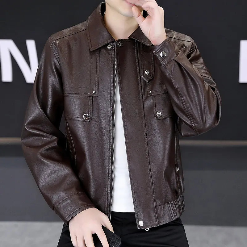 

Spring Faionable Men's Leather Jaet Long Sve Turn-down Collar Loose Fit Sli Motorcycle Sle Coat Cool And Haome