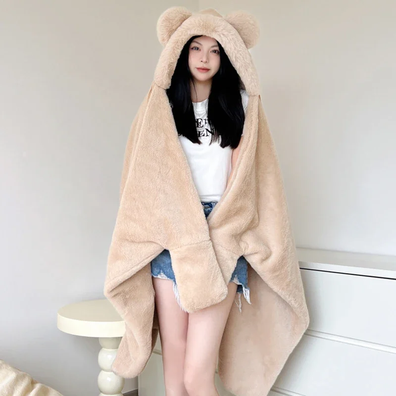 Autumn and Winter Bear Hooded Blankets Solid Color Thick Double Shawl with Giant Pocket Faux Rabbit Fur Warm Nap Plush Blanket