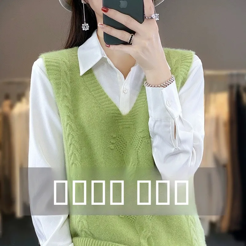 

Свободный вязаный шерстяной жилет для женщин, весна-осень, с V-образным вырезом, с объемной вышивкой, с подплечниками, свободный крой