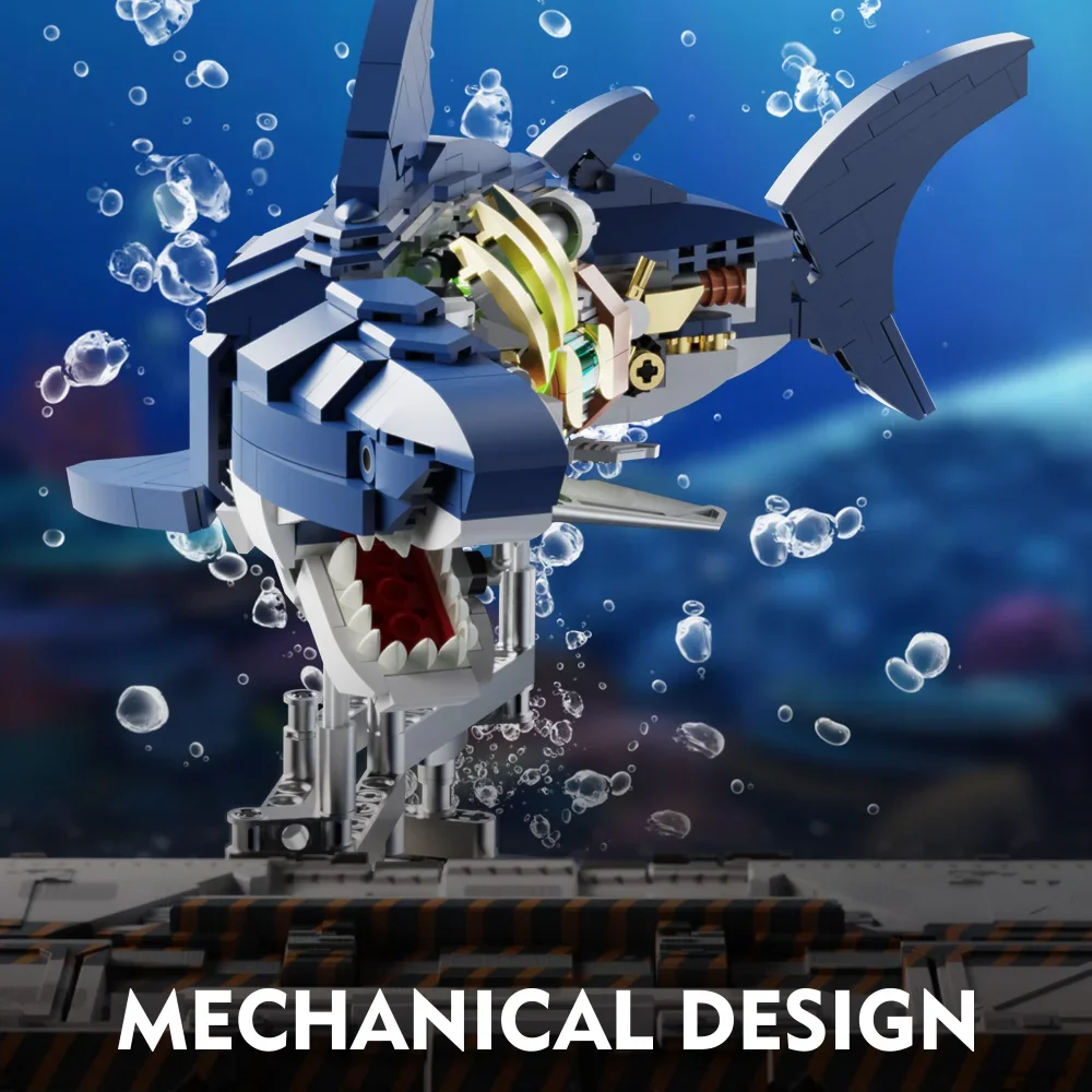 MOC Mechanical Shark Building Set Shark Sea Life Building Blocks Set with Display Stand and Lights Block Gift for Kids and Adult