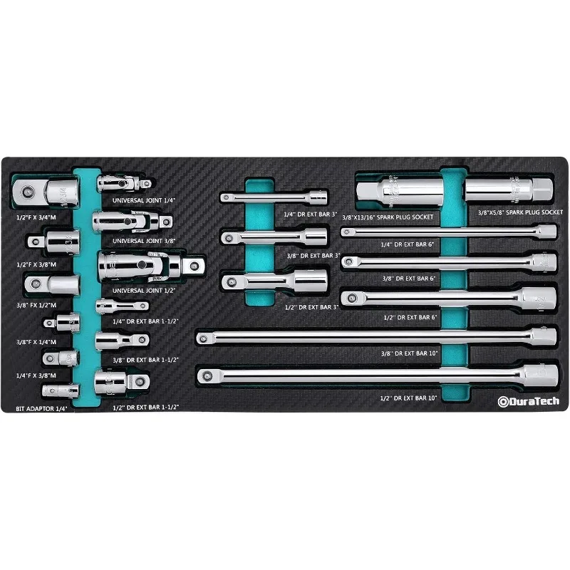 22-Piece Drive Tool Accessory Set, Including 1/4 3/8 1/2 Extension Bars, Socket Adapters, Universal Joints, Spark Plug Sockets