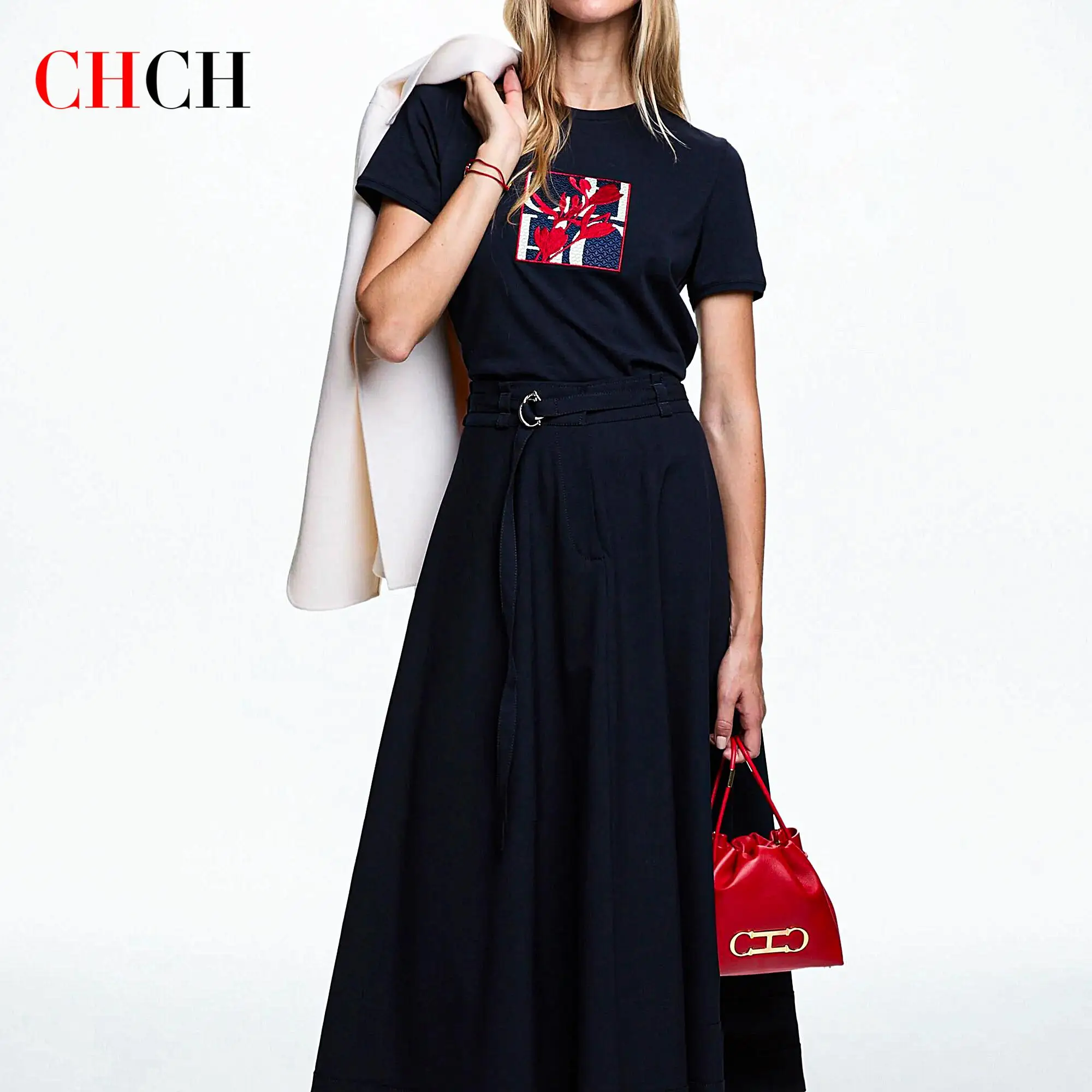 CHCH Unique Embroidery Printing Design Summer New Women's T Shirt Casual Cotton Women's Tops Comfortable Simple