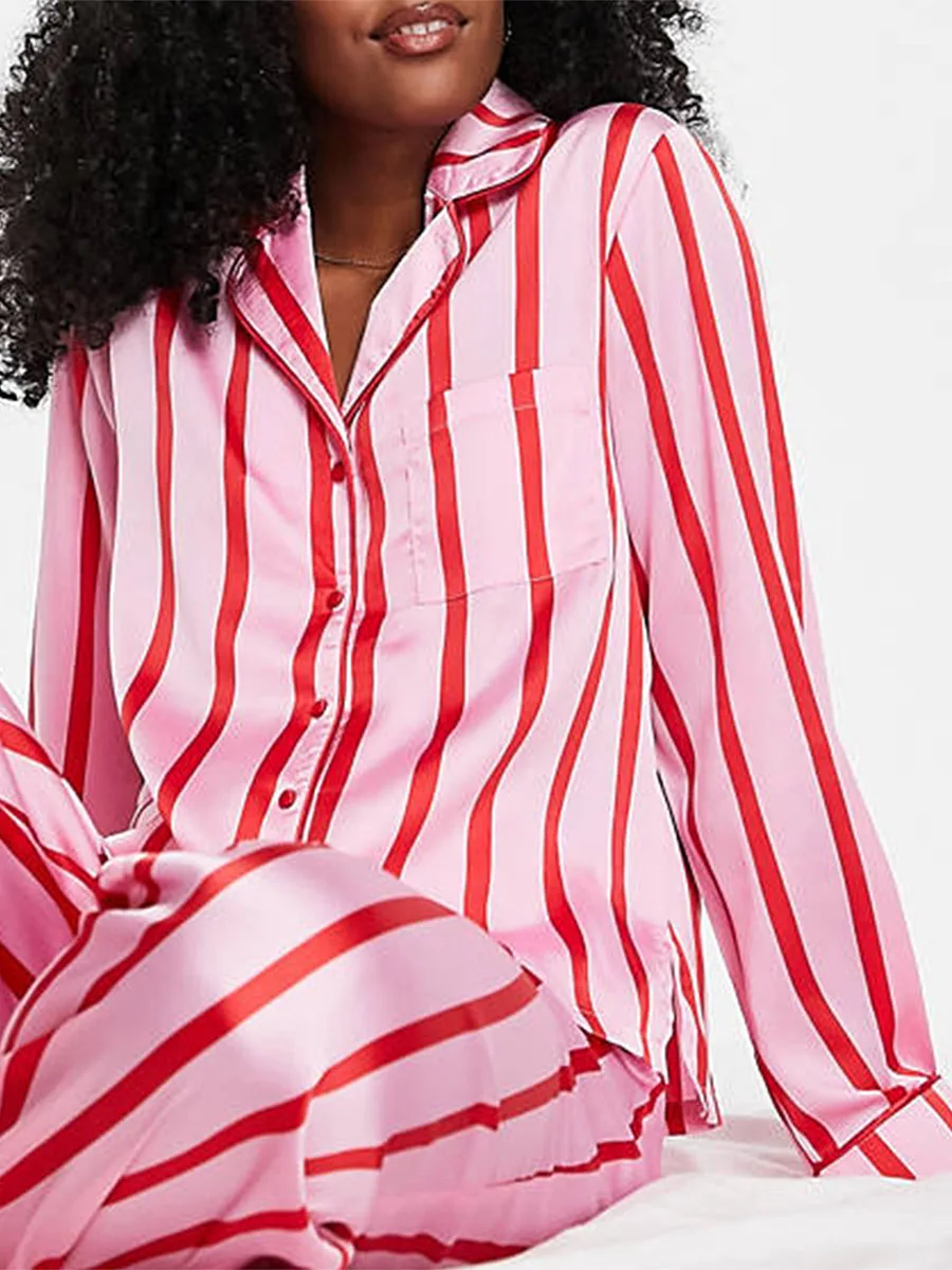 Conjunto de pijama cetim sedoso feminino, camisa de manga com calça longa, loungewear para dia dos namorados