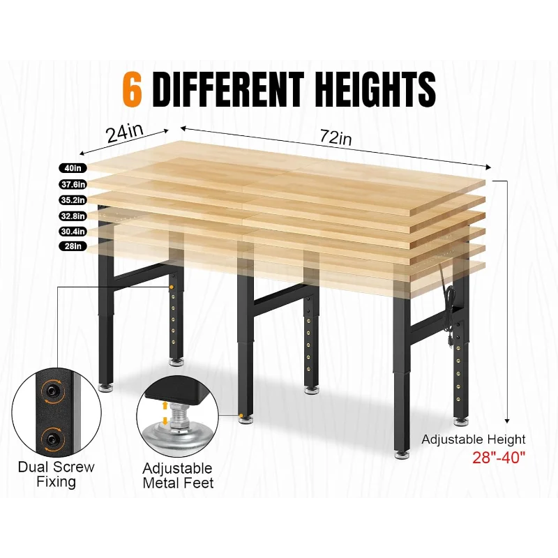 72” Adjustable Height Workbench, 5000 LBS Heavy Duty Table Rubber Wood Workstation with Power Outlet & Pegboard for Garage