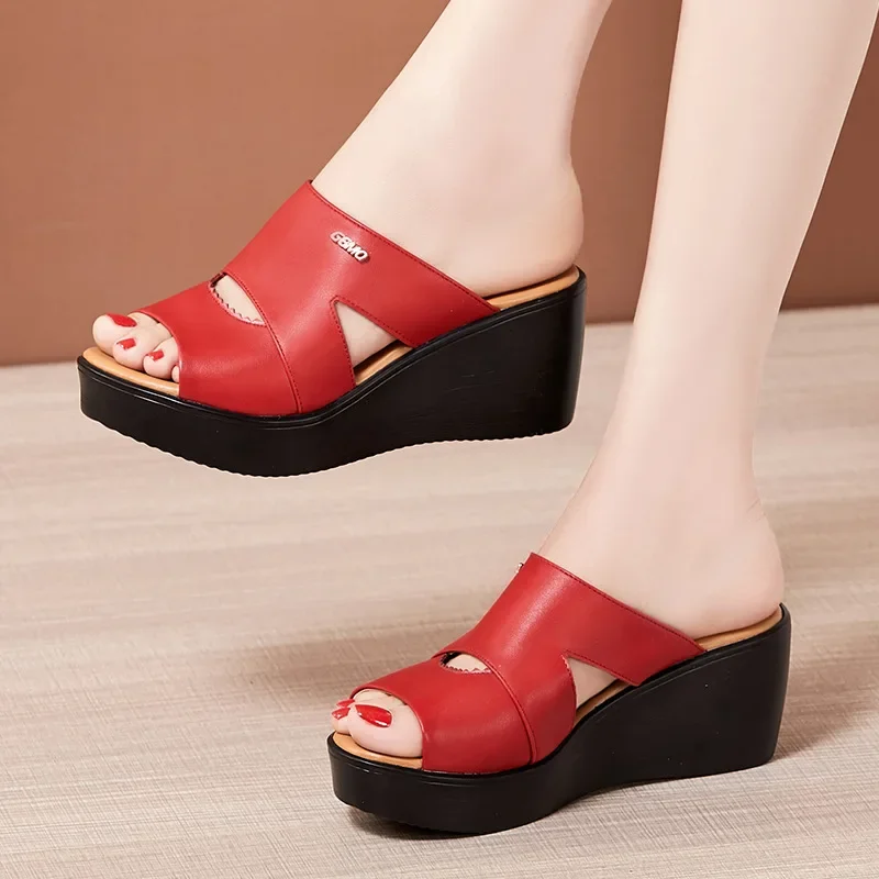 Plus Size 33-43 Casual Outside Medium Heels Platform Wedges Slippers Women Shoes Summer 2024 Beach Office Soft Leather Slides