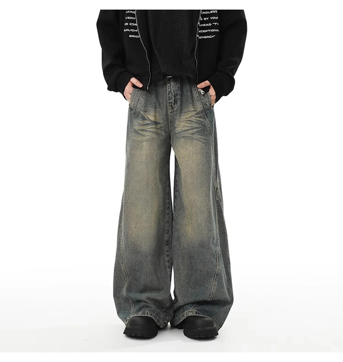 Washed vintage-style denim jeans for men, wide-leg American high street style, trendy brand jeans