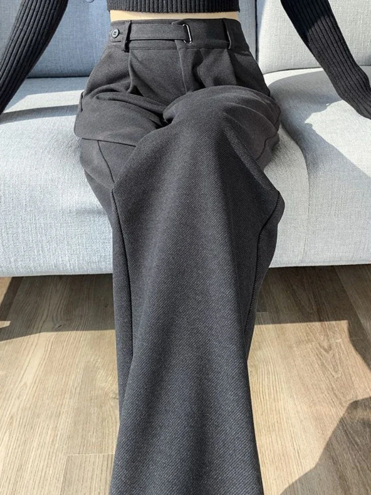 المرأة مستقيم واسعة الساق السراويل دعوى مع الستارة ، البني الصوفية ، النسخة الضيقة ، جديد ، الخريف والشتاء ، 2022