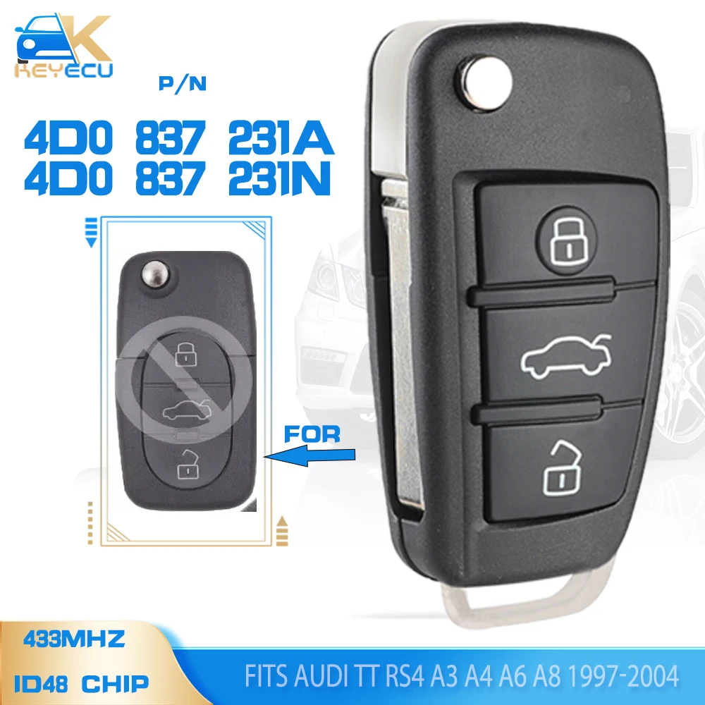 KEYECU P/N: 4D0837231A /4D0837231N Upgraded Flip Remote Car Key Fob 433MHz ID48 Chip for Audi TT RS4 A3 A4 A6 A8 1997-2004