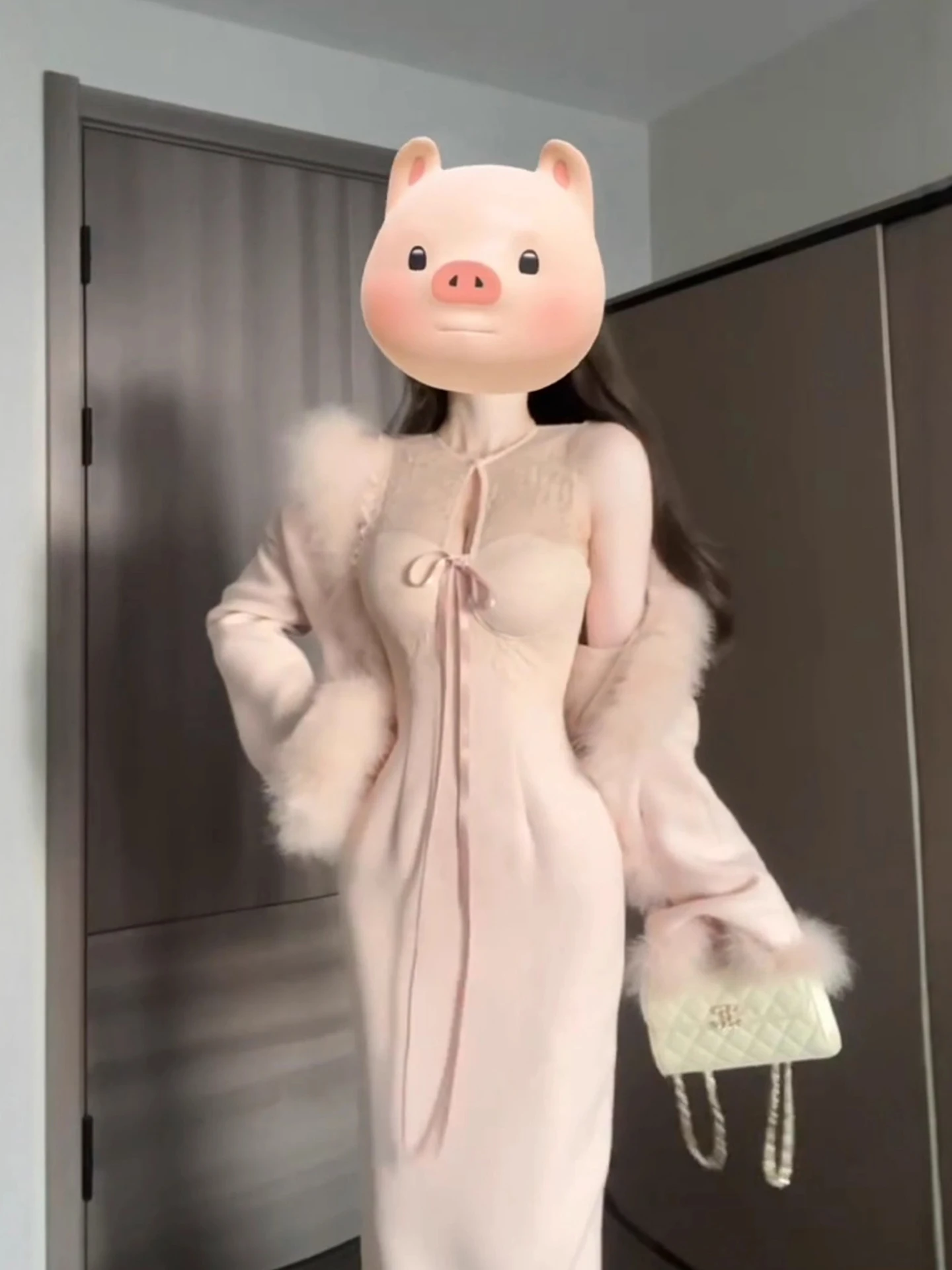 

XZY Gentle Pink Lace Splice Short Dress Women's plus Size Winter Loose Fur Coat Casual Style Polyester Fiber Long Skirt