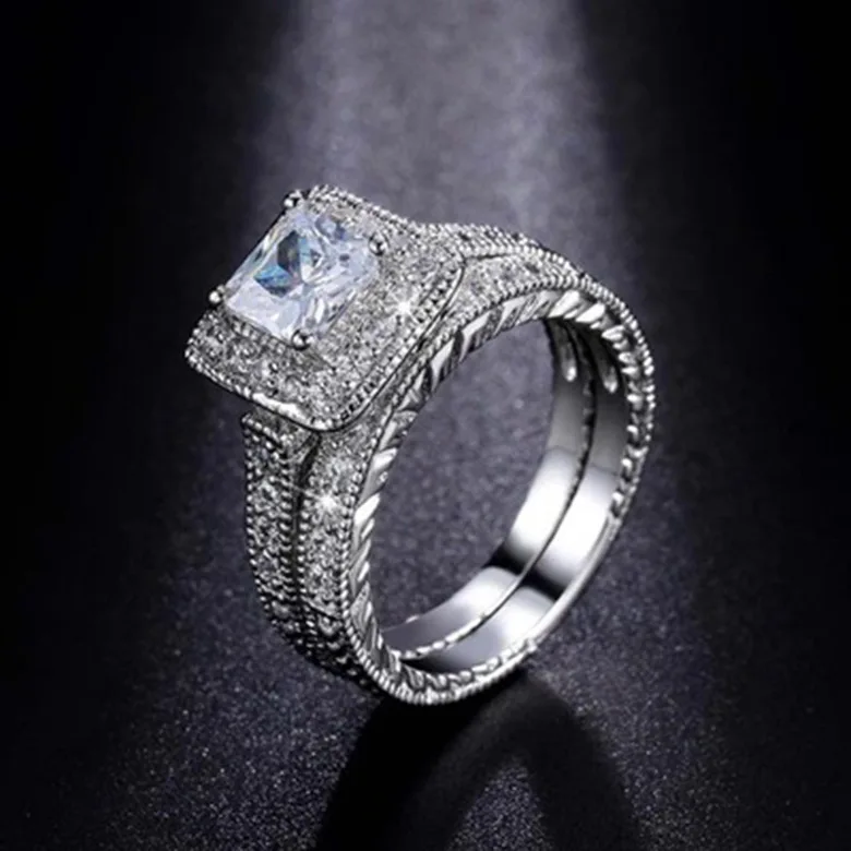 Diamond setting fashion luxury couple square diamond fashion simple generous silver ring
