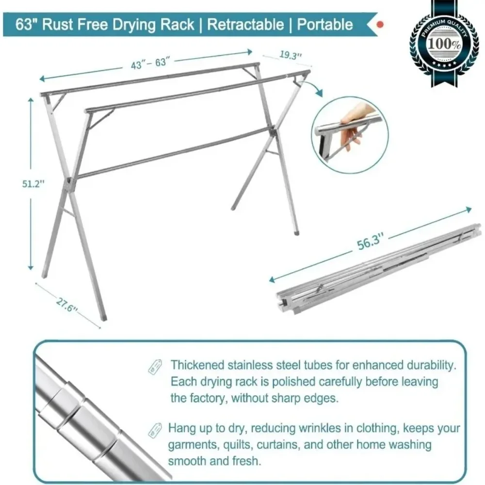 Roupas de aço inoxidável Drying Rack, Folding Rack Lavandaria, Heavy Duty, Indoor e Outdoor Vestuário, 95 polegadas