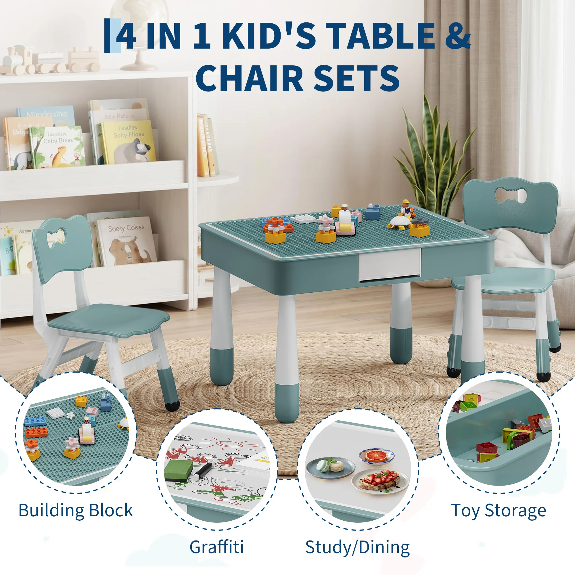 4-in-1 Kids Table and Chair Set, Toddler Activity Table with 2 Adjustable Chairs - Reversible Double-Sided Block & Graffiti Top - Study/Play Desk for Ages 3-10 - view 5