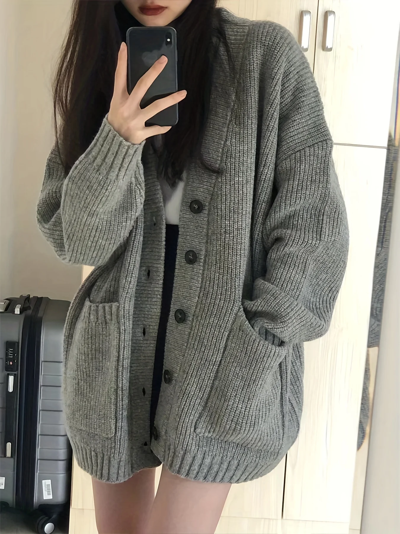 Women\'s Vintage Single Breasted V Neck Knit Cardigan Korean Lazy Casual Solid Knit Cardigan Sweater Outwear