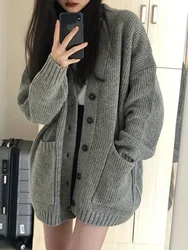 Women's Vintage Single Breasted V Neck Knit Cardigan Korean Lazy Casual Solid Knit Cardigan Sweater Outwear