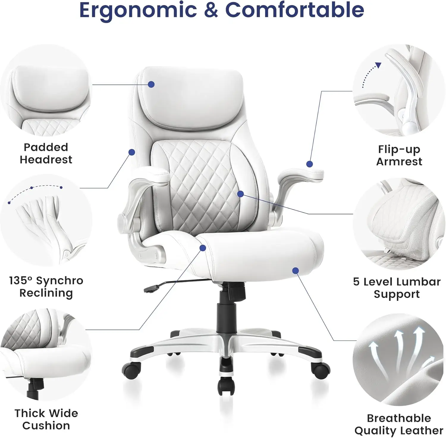 Nouhaus Ergonomic Office Chair Premium Microfiber Leather Adjustable Lumbar Support & Armrests, High Back Comfy Desk Gaming