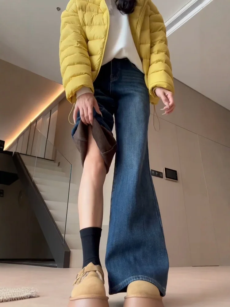 Plus Size Fce Gevoerde Bootcut Jeans Dames Herfst Winter Losse Hoge Taille Afslanken Thi Wijde Pijpen Broek Amerikaanse Sle Rela...