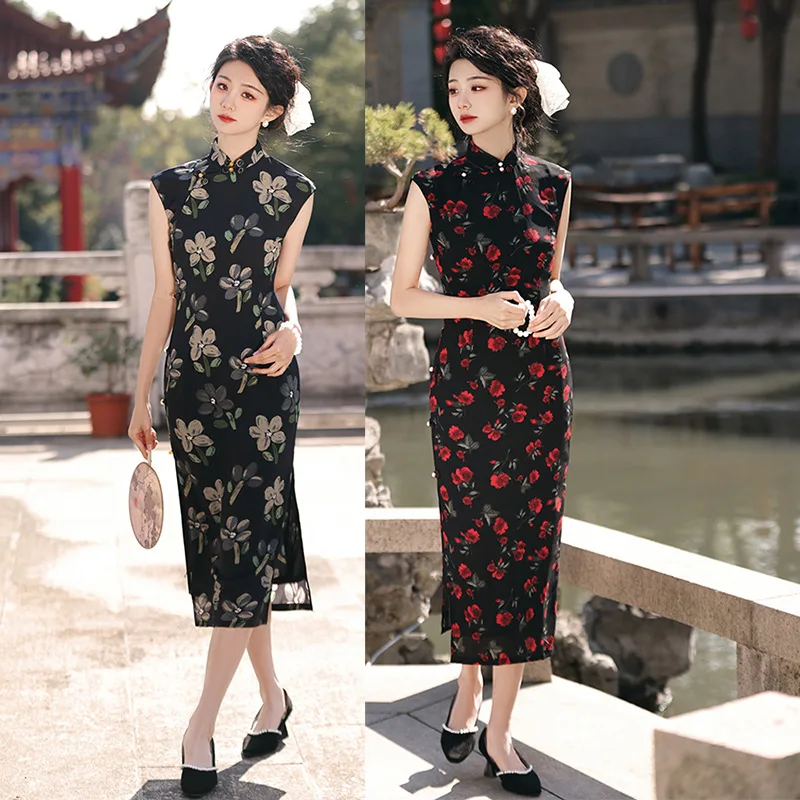 Mandarin Collar Satin Party Dress for Lady, Floral Print, Flower Cheongsam, Vintage Button, Sleeveless Qipao