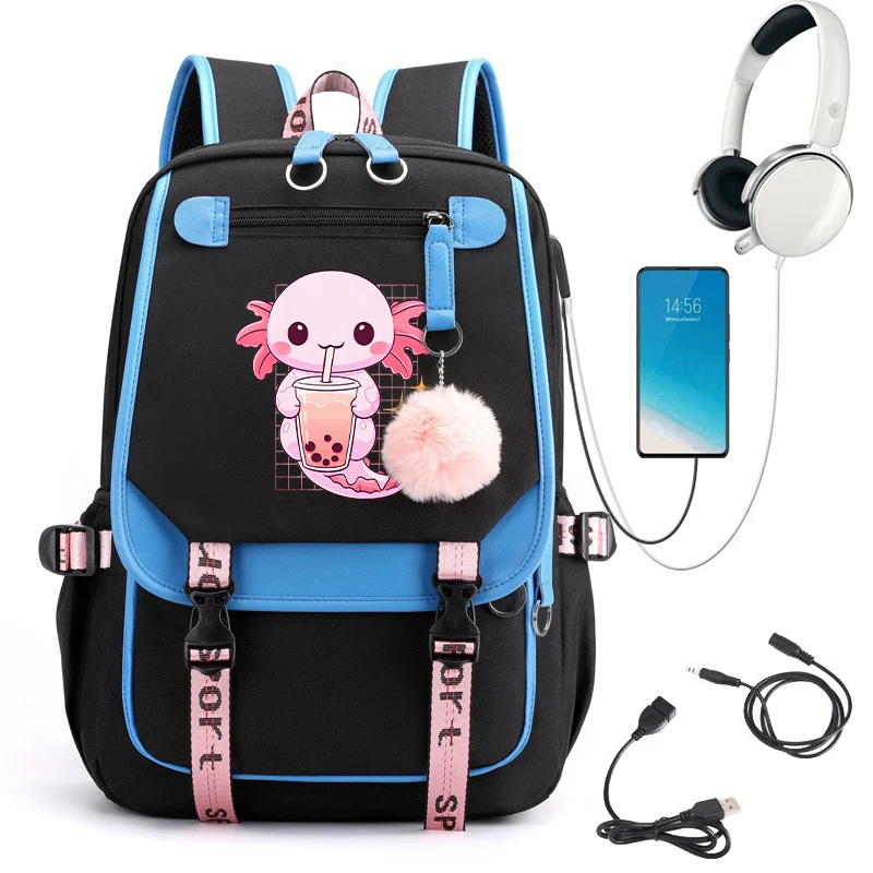 Girls Backpack Cartoon Kawaii Axolotl Mermaid Cute School Bags for Student Teens Pockets Women Laptop Backpack Harajuku Bag