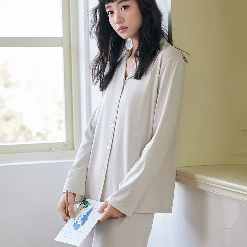Spring Summer Women Pajamas Set, 4% Silk Turn-down Collar Loose Long Sleeve Top Elastic Waist Pants Causal Homewear