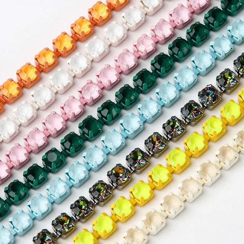 QIAO Neon Colorful 10Yard/roll Rhinestones Trim Cup Chain Diamond Strass Decorative Applique Crystal Trimmings For Dresses