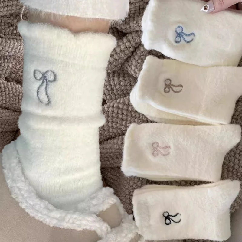 

5pairs Warm Winter Bow Socks Set Sweet Thick Knitted Ankle Socks Korean Fashion Cute Floor Sock for Girls Hosiery Footwear