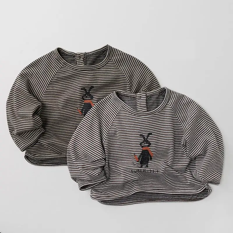

2026 Spring New Children Long Sleeve T Shirts Girls Cartoon Print Cotton Tops Kids Clothes Boys Casual Striped T Shirts
