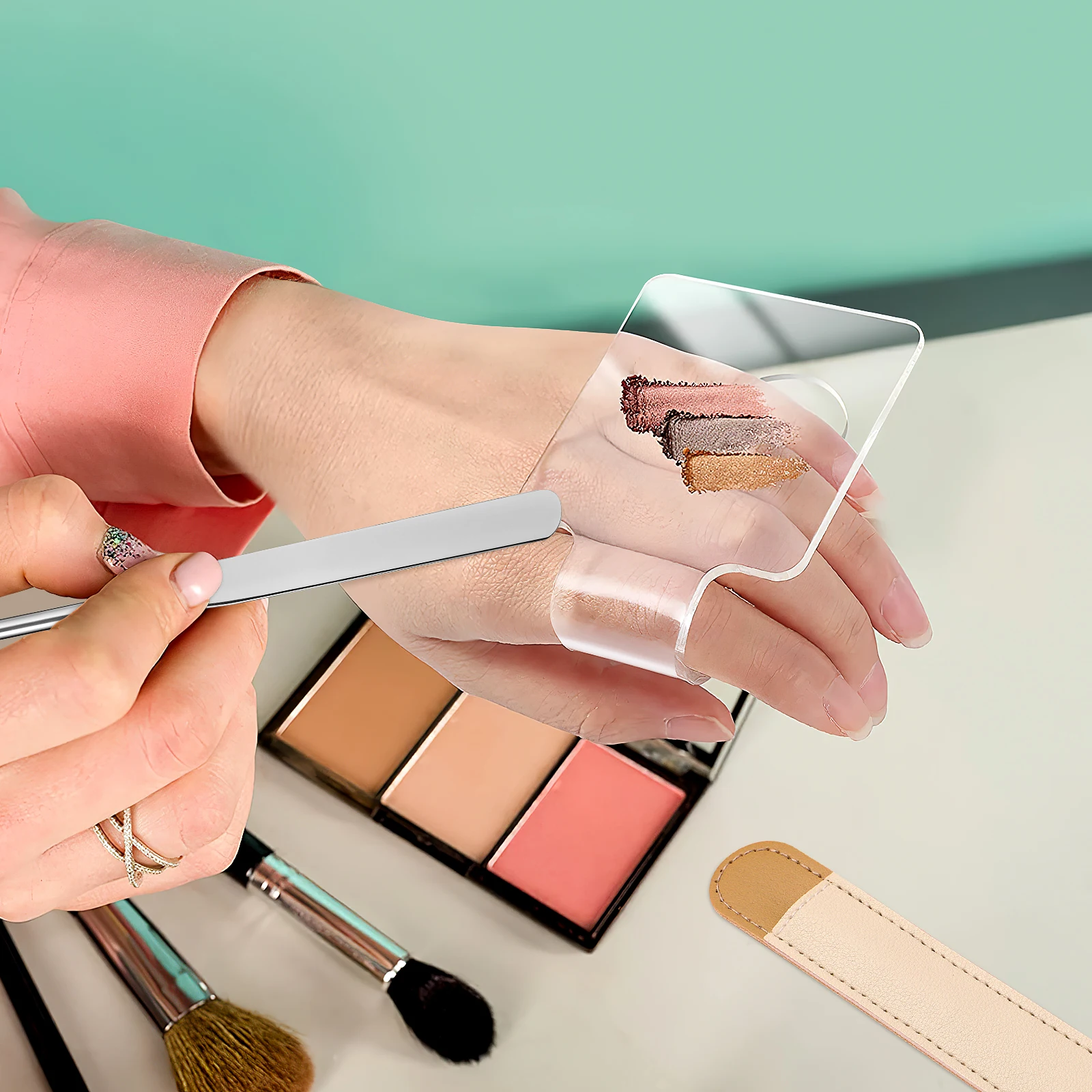 Miscelazione del trucco Tavolozza di miscelazione del trucco Scheda acrilica portatile Fondamenti Creme Liquidi Spatola in acciaio Vassoio per artista