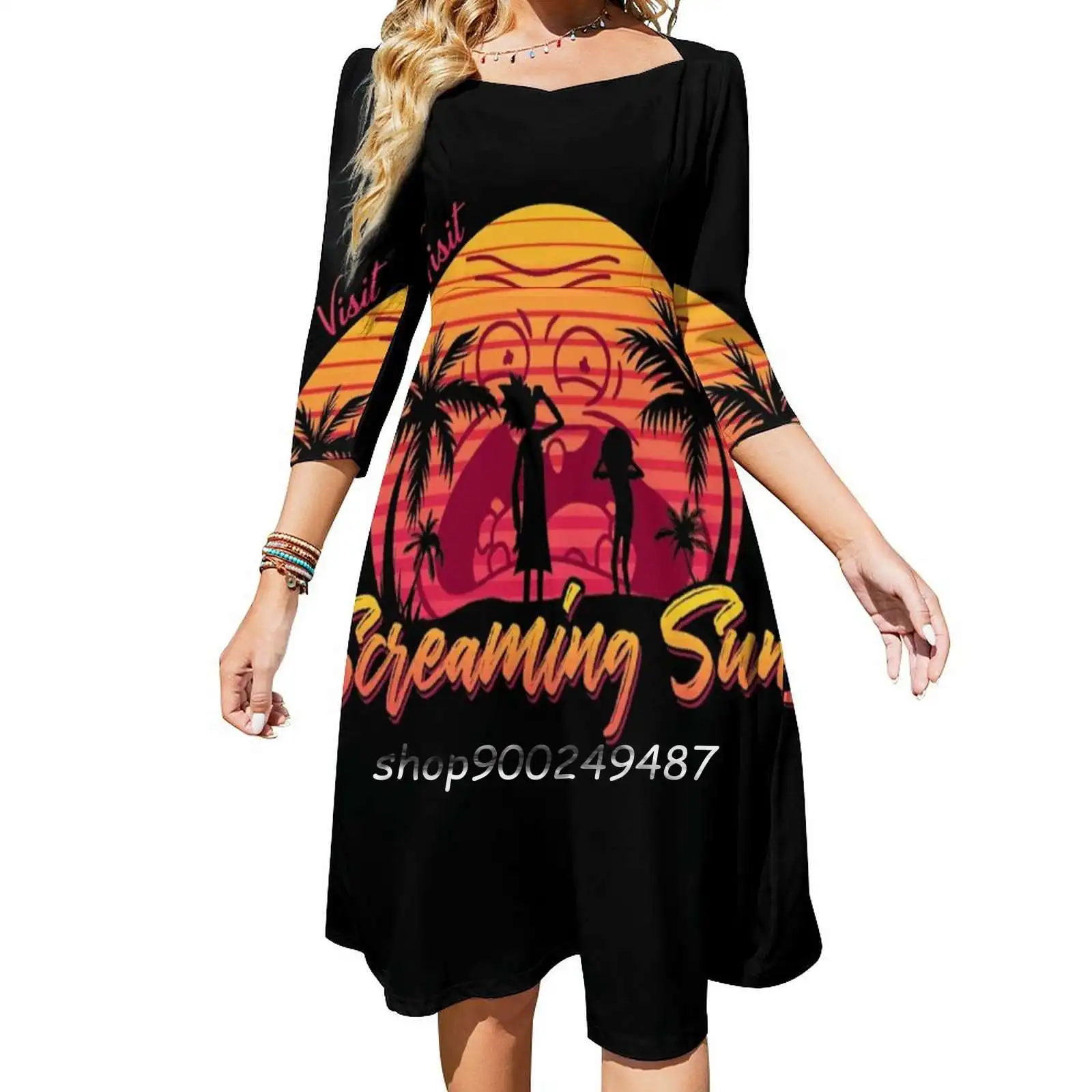 Visit Screaming Sun Sweetheart Knot Flared Dress Fashion Design Large Size Loose Dress Wubba Lubba Dub Dub Get Neon 80S 90S