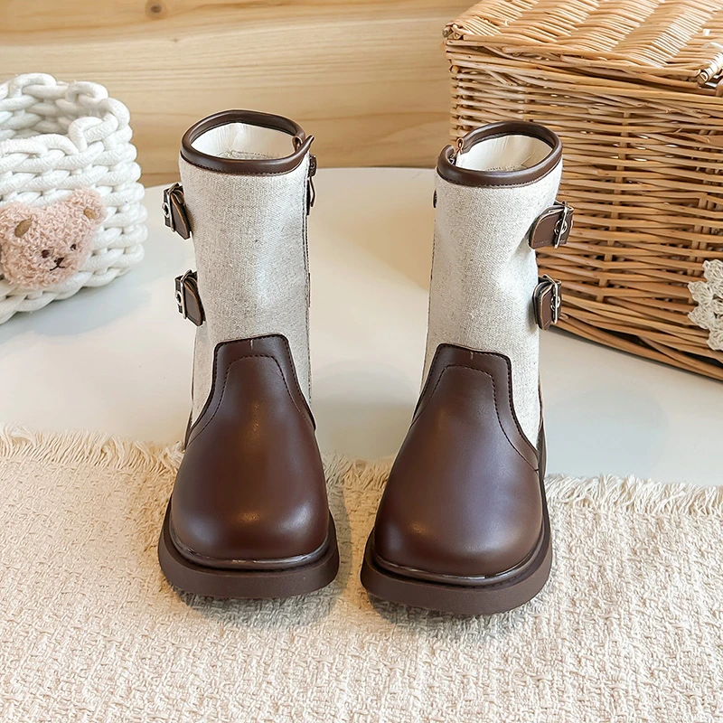 Kids Spliced Ankle Boots Toddler Boys Girls Double‑Buckle Side‑Zipper Soft Non‑Slip Sole Autumn Winter Casual Footwear
